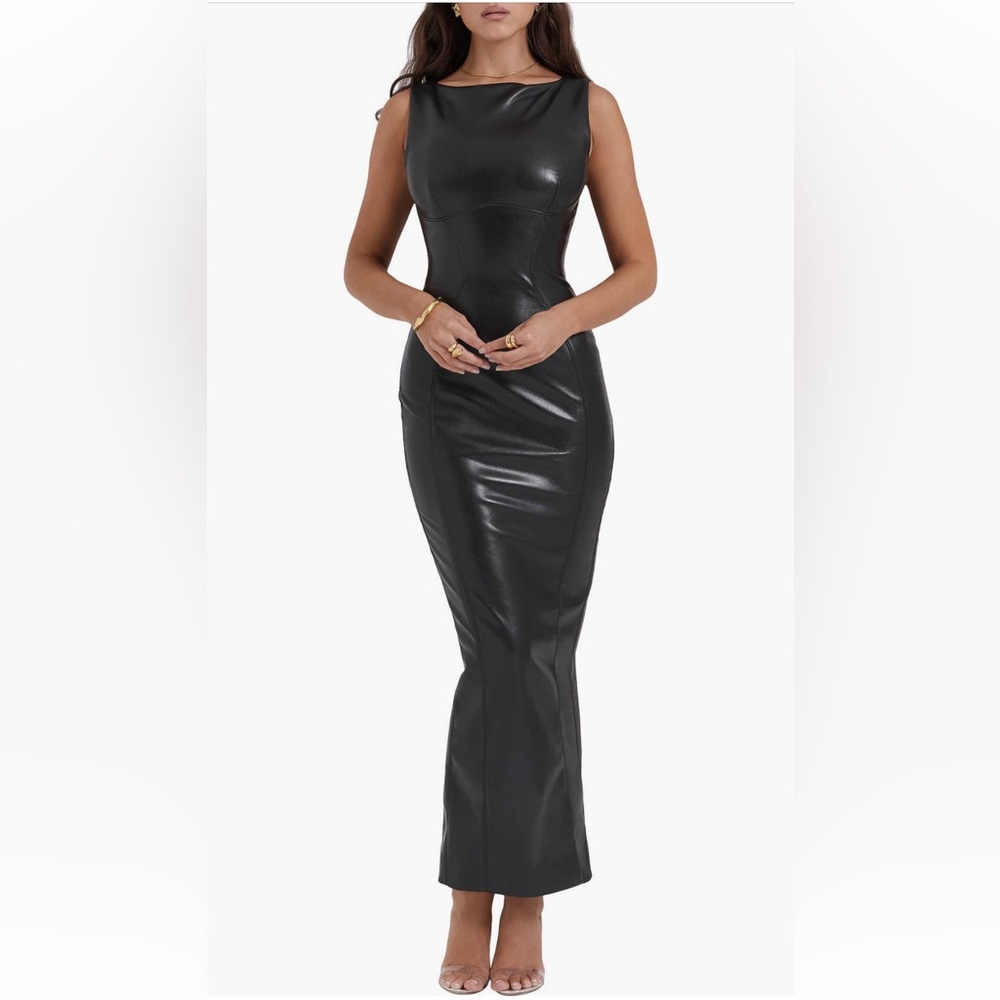 House of CB - Sahara Faux Leather Dress Black (WORN ONCE) - Size Small